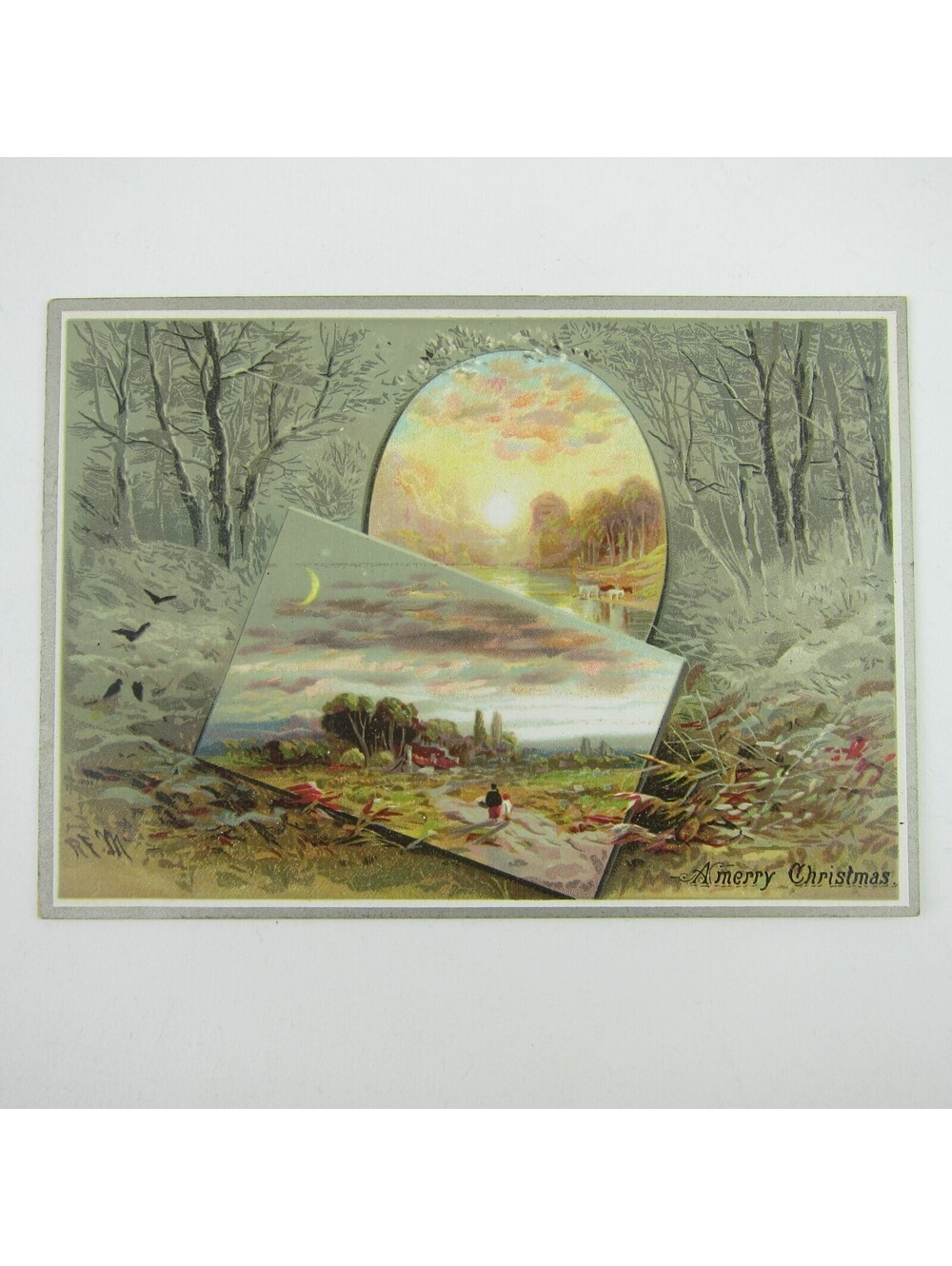 Victorian Christmas Card Raphael Tuck & Sons Rural Woods Stream Animals Antique